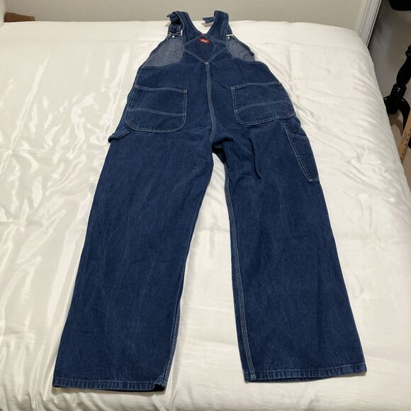 Dickies Bib Overalls Mens 40x30 Blue Denim Carpenter Workwear Utility Pockets - Picture 7 of 9